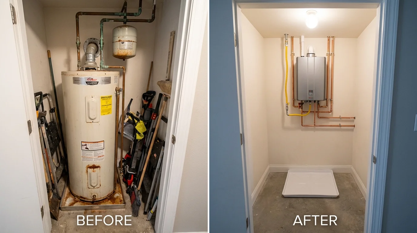 Tank water heater versus wall-mounted tankless unit comparison for Denton, MD homeowners