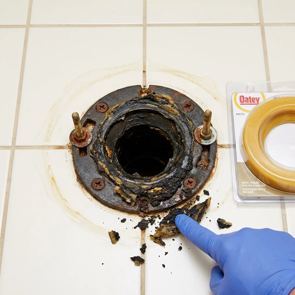 Failed wax ring showing water seepage at the base of a toilet in a Denton, MD home