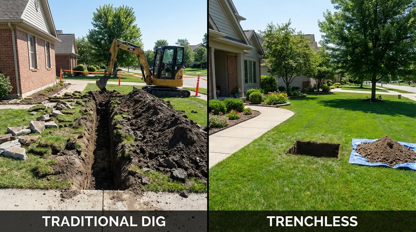 Trenchless sewer repair with minimal yard damage versus traditional excavation in Denton, MD