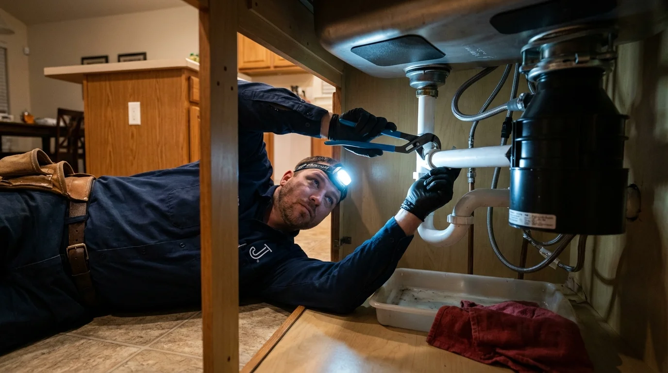 P-trap and supply line connections under a kitchen sink showing a common leak point in Denton, MD